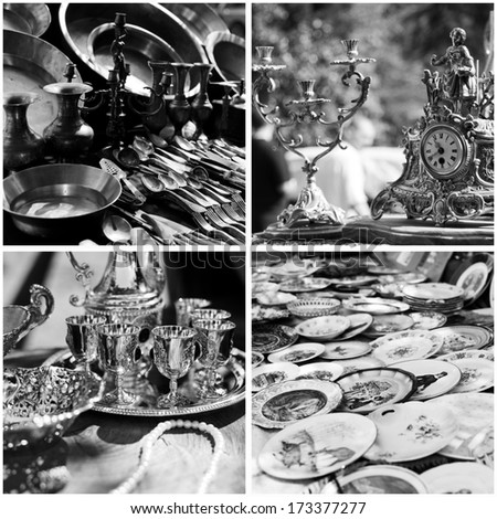 Different vintage items at a flea market. Black-and-white image.