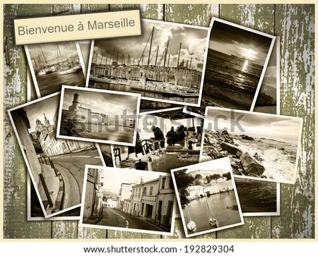 collage views of Marseille, black and white photos on a wooden background, postcard in retro style