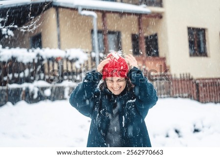 Similar – Image, Stock Photo Young woman near country house