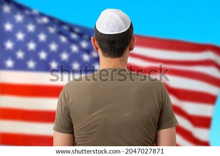 Back view of jewish citizen wearing yarmulke in front of american flag for multi-ethnicity nature of USA Photo stock © 