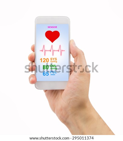 male hands holding touch phone with mobile app health sensor .All screen content is designed by my and not copyrighted by others and created with digitizing tablet and image editor