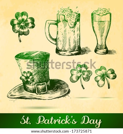 Two beers with clovers for St Patrick's day. St. Patrick's hat with four-leaf clover and paper background