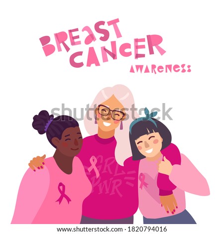 Breast Cancer Girls Vector Illustration. Breast Cancer Awareness October. Three women nationality. Silk Ribbons