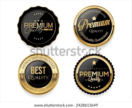 Collection of golden premium quality badges vector illustration