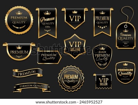 Golden luxury labels and badges gold premium quality certificate ribbons vector illustration