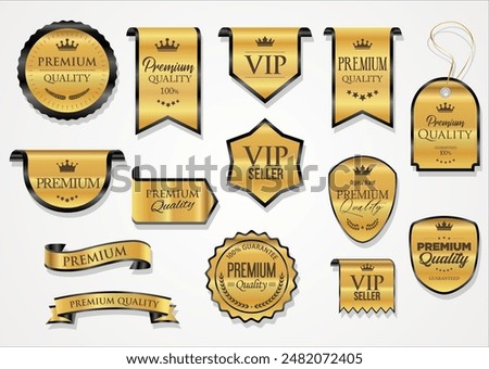 Golden luxury labels and badges gold premium quality certificate ribbons vector illustration 