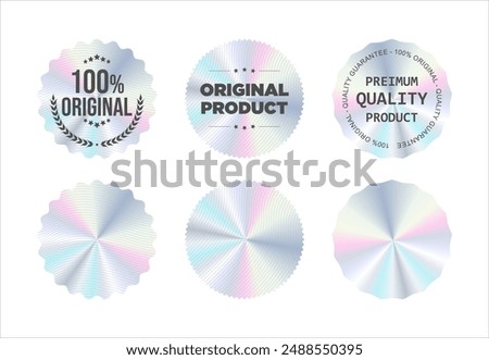 Hologram stickers or labels with holographic premium quality text vector illustration 