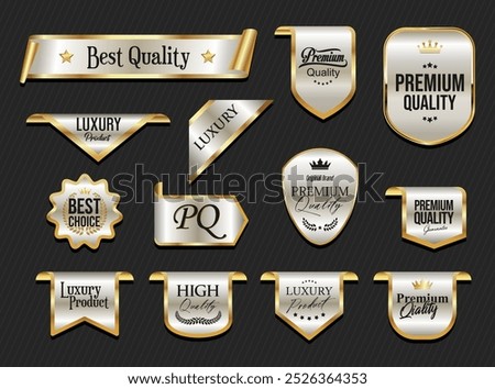 Golden luxury labels and badges premium quality certificate ribbons vector illustration