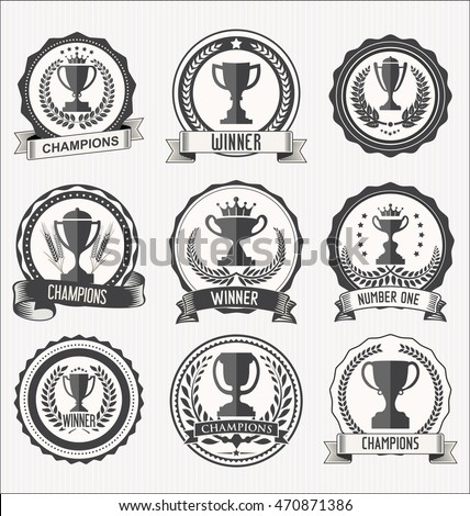 Award cups and trophy icons with laurel wreaths collection