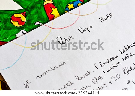 Child letter to Santa Claus written in French (Petit Papa Noel = Dear Santa)