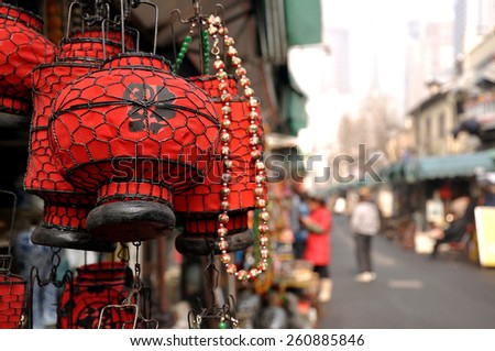 Red chinese lanterns at the antique market, Shanghai, China