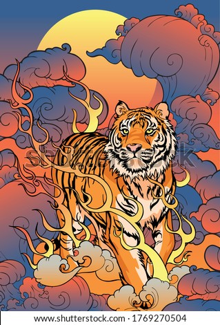 Tiger walking on fire thunder and storm cloud Oriental Japanese or Chinese   illustration style poster  background vector
