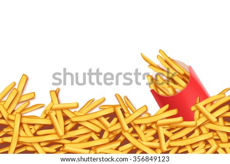 illustration of a lot of french fries with red pack on white background