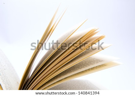 Closeup of the fanned pages of an antique book against white background