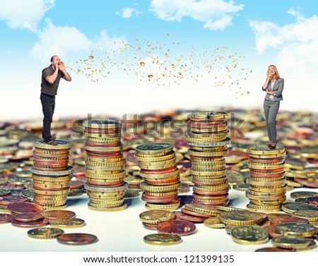 man and woman and money talk on coin piles