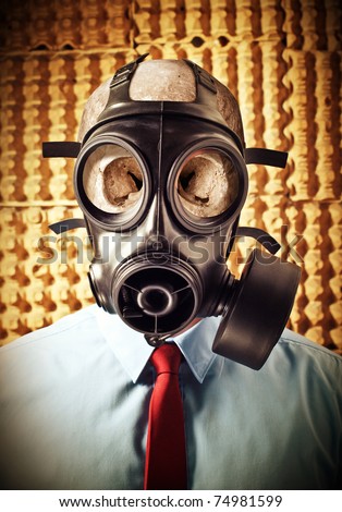 portrait of businessman skull wearing classic gas mask