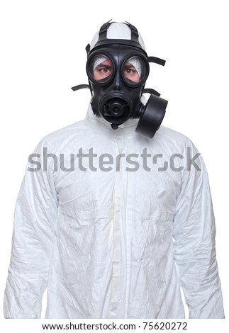 fine portrait of man wearing protechion clothes and gas mask