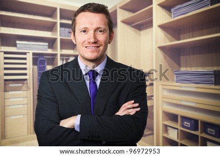 classic wood modern closet background and man portrait