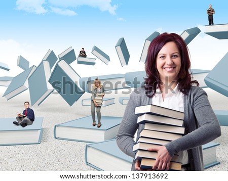 happy people and 3d abstract books background
