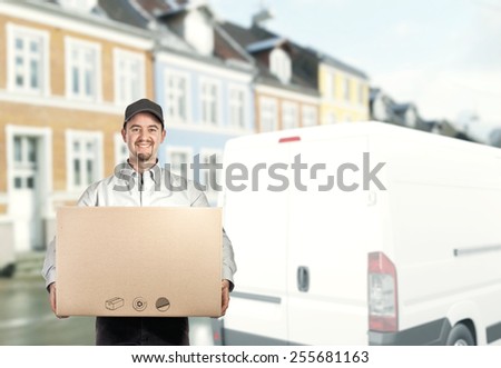 portrait of caucasian delivery man on white background