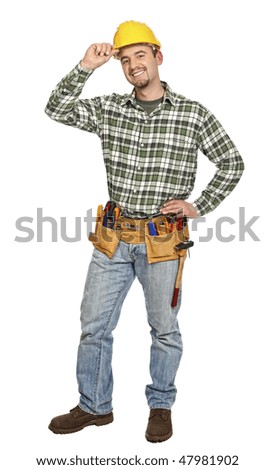 Similar – Image, Stock Photo Smiling workman in denim overall looking at camera