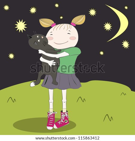 Little girl is walking at night with a cat in her arms