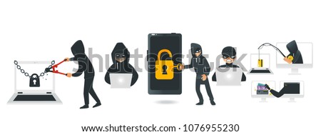 Cartoon hackers hacking devices set. Men in black brake chain of locked laptop by bolt cutter, stealing wallet by fishing rod, coding at computer, stealing money from smartphone. Vector illustration