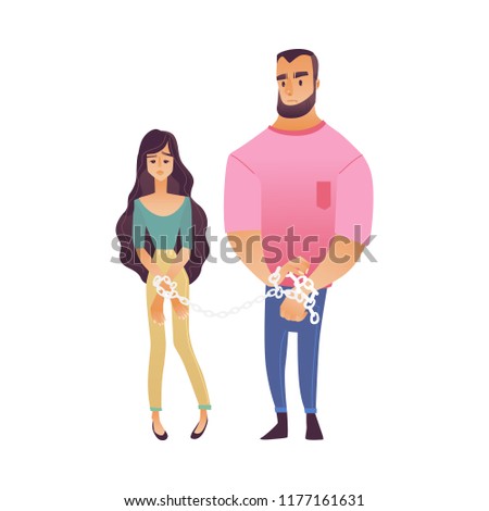 Vector illustration of young couple standing with chained hands isolated on white background - man and woman bound by circumstances resigned with them and not trying to free themselves.