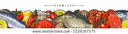 Similar – Image, Stock Photo Various colorful fish fillets on eco friendly paper . Rustic kitchen . Ingredients for tasty home cooking. Top view. Still life.