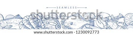 vector sketch seafood seamless pattern with monochrome flatfish, trout, lopster and octopus with lemon slice. Hand drawn seafood delicacy, restaurant and marine cuisine cafe menu, packaging design.