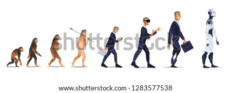 Vector evolution concept with ape to cyborg and robots growth process with monkey, caveman to businessman in suit wearing VR headset, artificial legs person and robotic creature. Mankind development