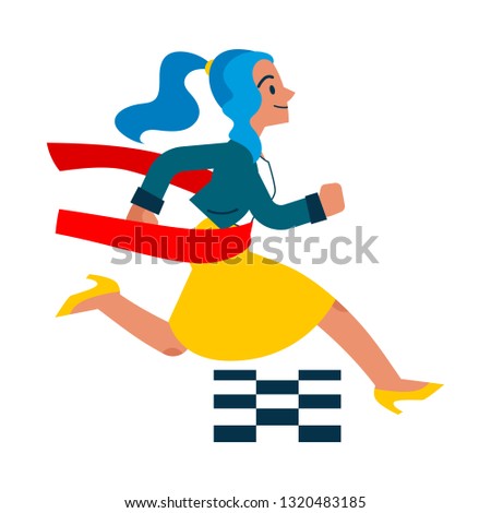 Vector running businesswoman crossing finish line. Female manager, woman in corporate outfit in a hurry, succeeding in competition. Time management and business people Isolated illustration