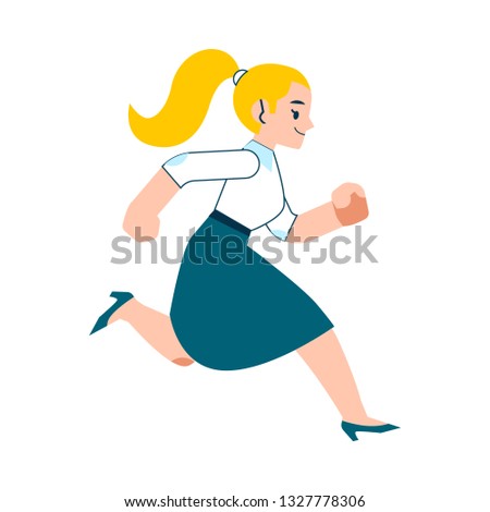 Vector running businesswoman. Female manager, woman in corporate outfit in a hurry, dashing to an appointment or meeting. Time management and business people. Isolated illustration