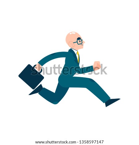 Vector running businessman in suit, glasses with suitcase. Male manager in corporate outfit in a hurry, dashing to an appointment or meeting. Time management and business people. Isolated illustration