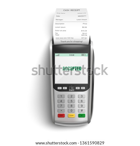 Bank POS terminal for payment of purchases in shop or supermarket by credit or debit card and paper cash receipt in realistic isolated vector illustration - successful electronic transaction concept.