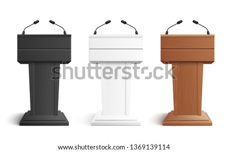 Stage stand or debate podium rostrum with microphones vector illustration isolated on white background. Business presentation or conference speech tribune 3d realistic icons.