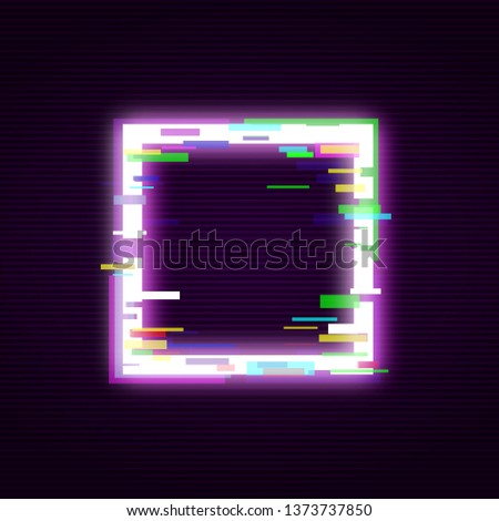 Neon square with glitch effect abstract style, vector illustration isolated on black background. Illuminated distorted glitch quadrate frame, modern glowing digital or graphic design element