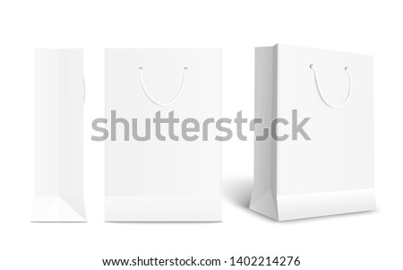 White paper shopping bag set with different angles. Front and side view of retail purchase packaging - blank mockup with empty space and rope handle, isolated realistic vector illustration