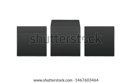Black square envelope mockup - open and closed from front and back view. Realistic branding template for letter mail post or business document, isolated vector illustration on white background
