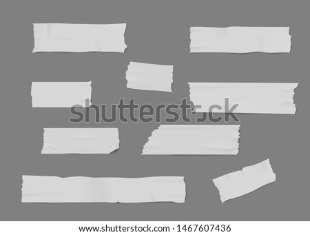 Set of white adhesive or masking tape pieces with torn edges realistic style, vector illustration isolated on gray background. Various strips of ripped sticky tape