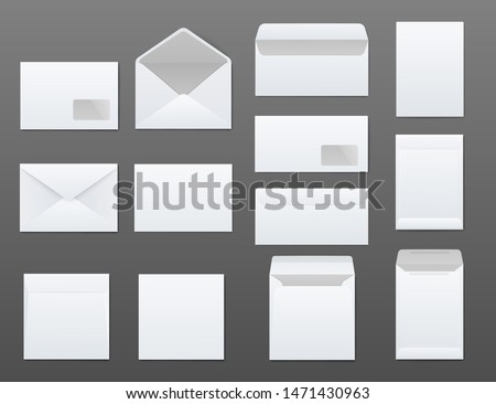 Mockups set of white blank envelopes different types realistic style, vector illustration isolated on gray background. Templates of front and back side open and closed mail and office envelopes