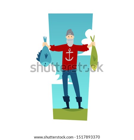 Old gray haired man with a beard fisherman shows off the fish after fishing in a landscape, isolated vector illustration of a plane.