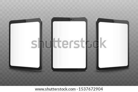Realistic black tablet mockup set with blank white screen from front and side view, isolated modern technology device collection for website presentation or digital ad - vector illustration