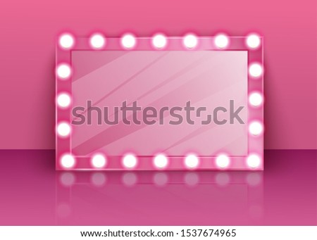 Pink glossy mirror with makeup lamps in the dressing room, concept backstage, artists and theater. Realistic vector illustration of a mirror with lamps for a dressing table and makeup.