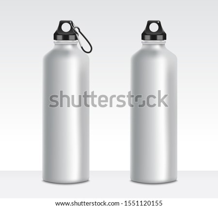 Set of two grey water bottle mockups, realistic metal aluminum beverage containers with or without fastening clip, stainless steel camping equipment, isolated vector illustration