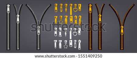 Realistic silver and gold zipper set with differently shaped puller and open and closed black tape. Metal zip fastener collection on gray background - vector illustration
