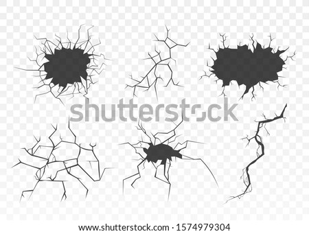 Black surface crack set with holes and broken ground texture isolated on transparent background. Cracked wall destruction effect - flat vector illustration