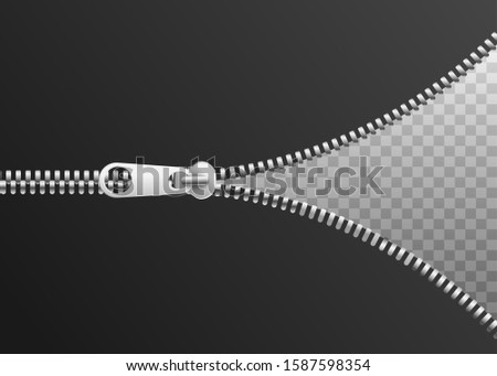 Half-open metal zipper with black and transparent sides. Realistic silver zipper opening to reveal a blank layer - creative template vector illustration.