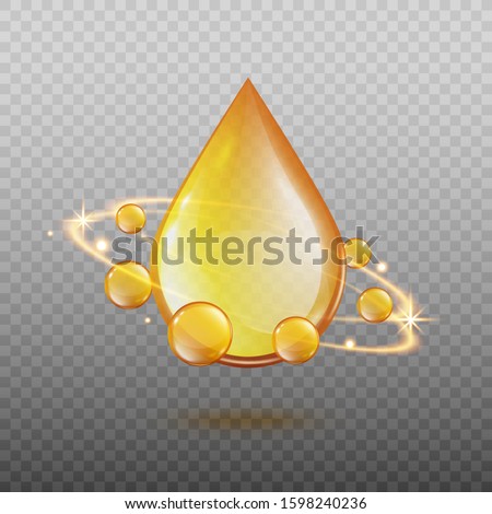 Golden oil drop with magic light energy swirl surrounded by sphere gold droplets. Realistic cosmetic essential oil or omega 3 vitamin ad element - isolated vector illustration