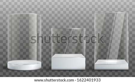 Empty glass display exhibition cases set, realistic vector illustration isolated on transparent background. Various shapes of clear showcases with white pedestal.